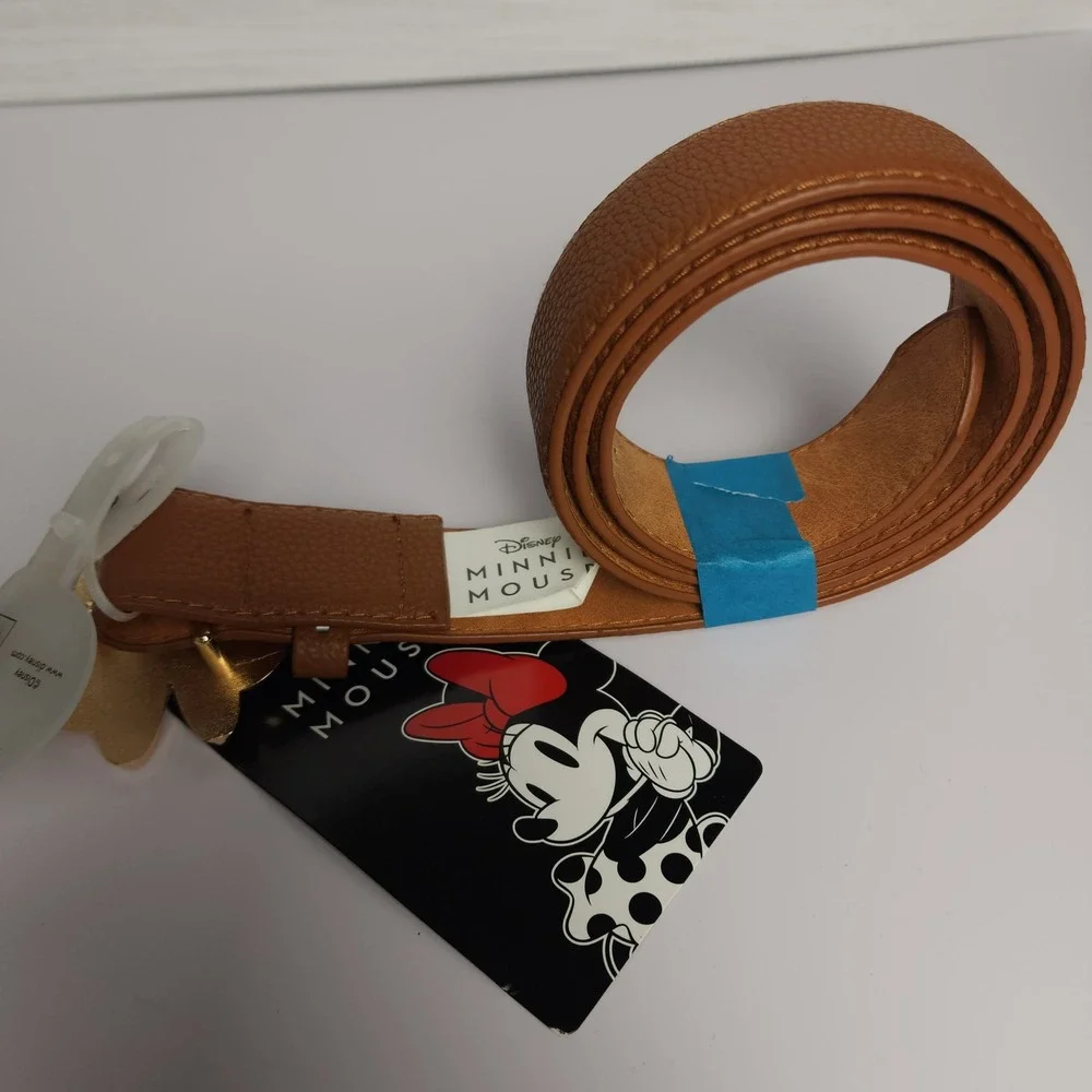 Disney Minnie Mouse Girls Brown Faux Leather Belt‎ Gold Minnie Buckle Size Small